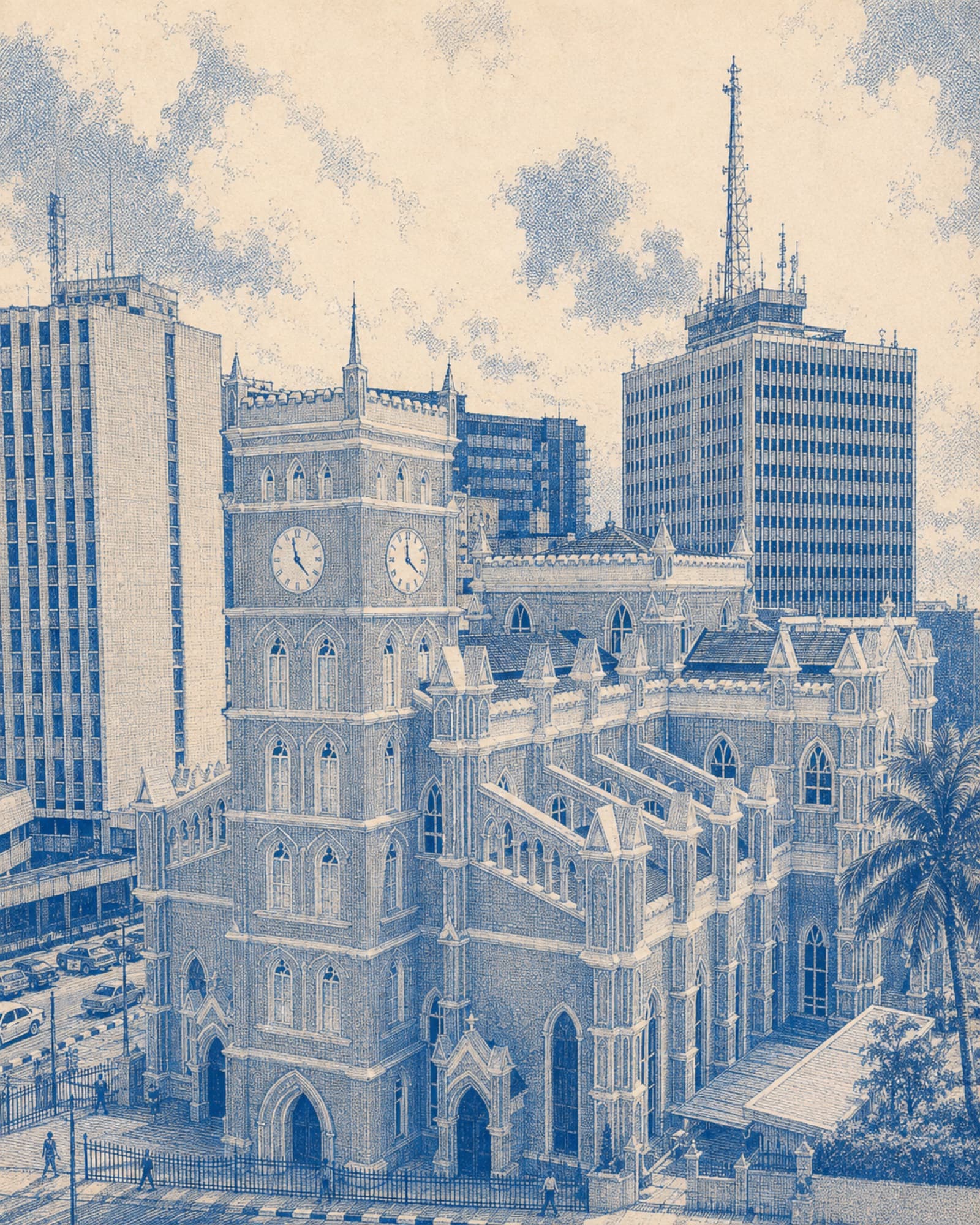 Engraved view of the Cathedral Church of Christ, Marina