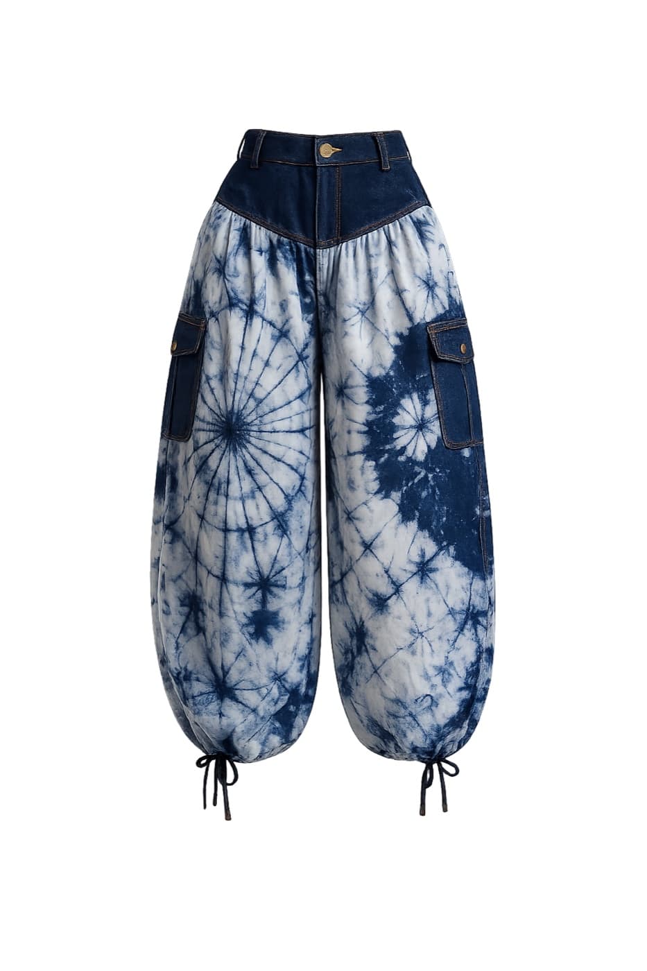 Indigo tie-dyed balloon-leg trousers with drawcord hems