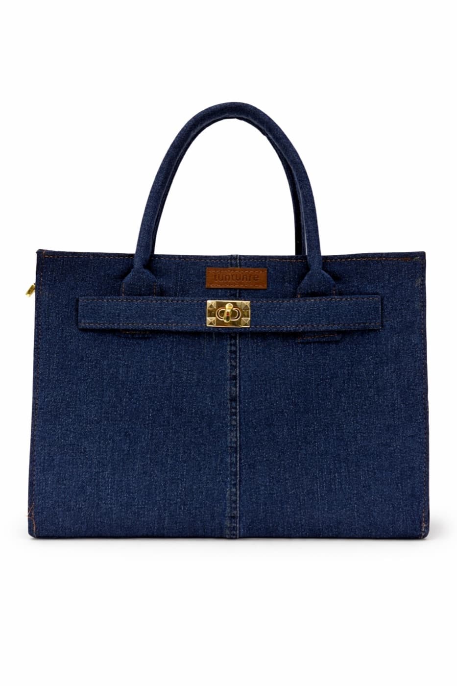 Structured indigo denim work tote with a brass turn-lock closure