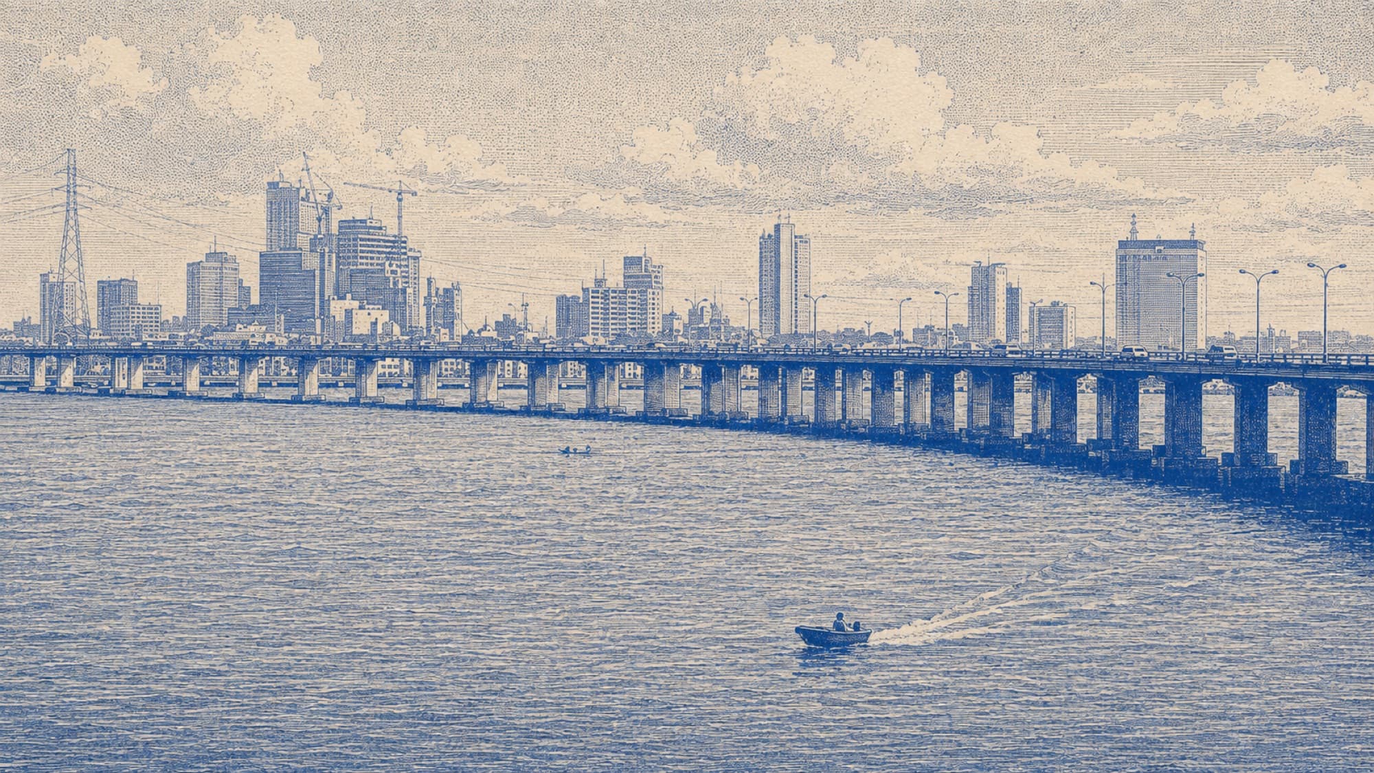 Engraved view of the Third Mainland Bridge across the lagoon