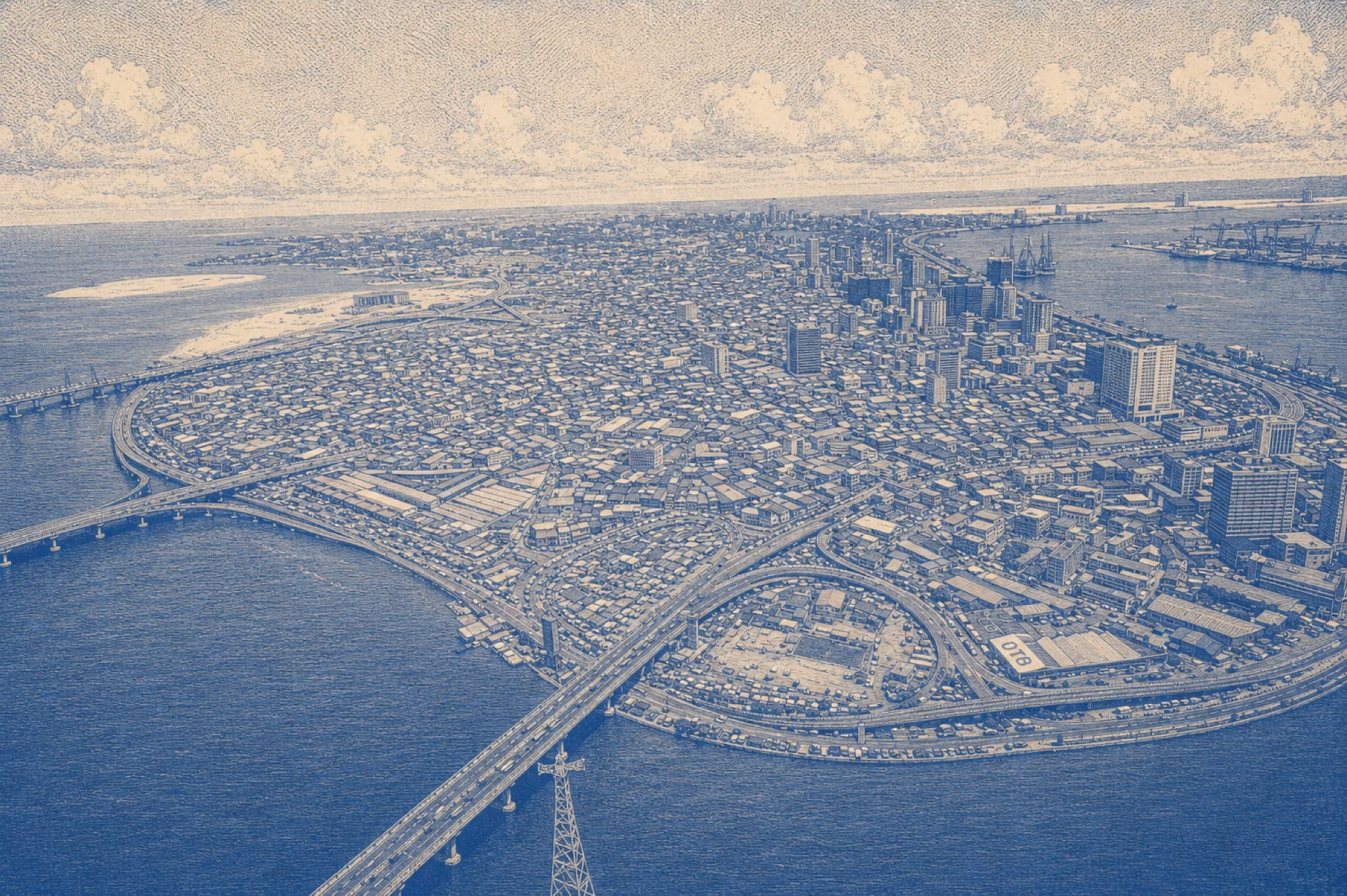 Engraved aerial view of Lagos Island ringed by bridges