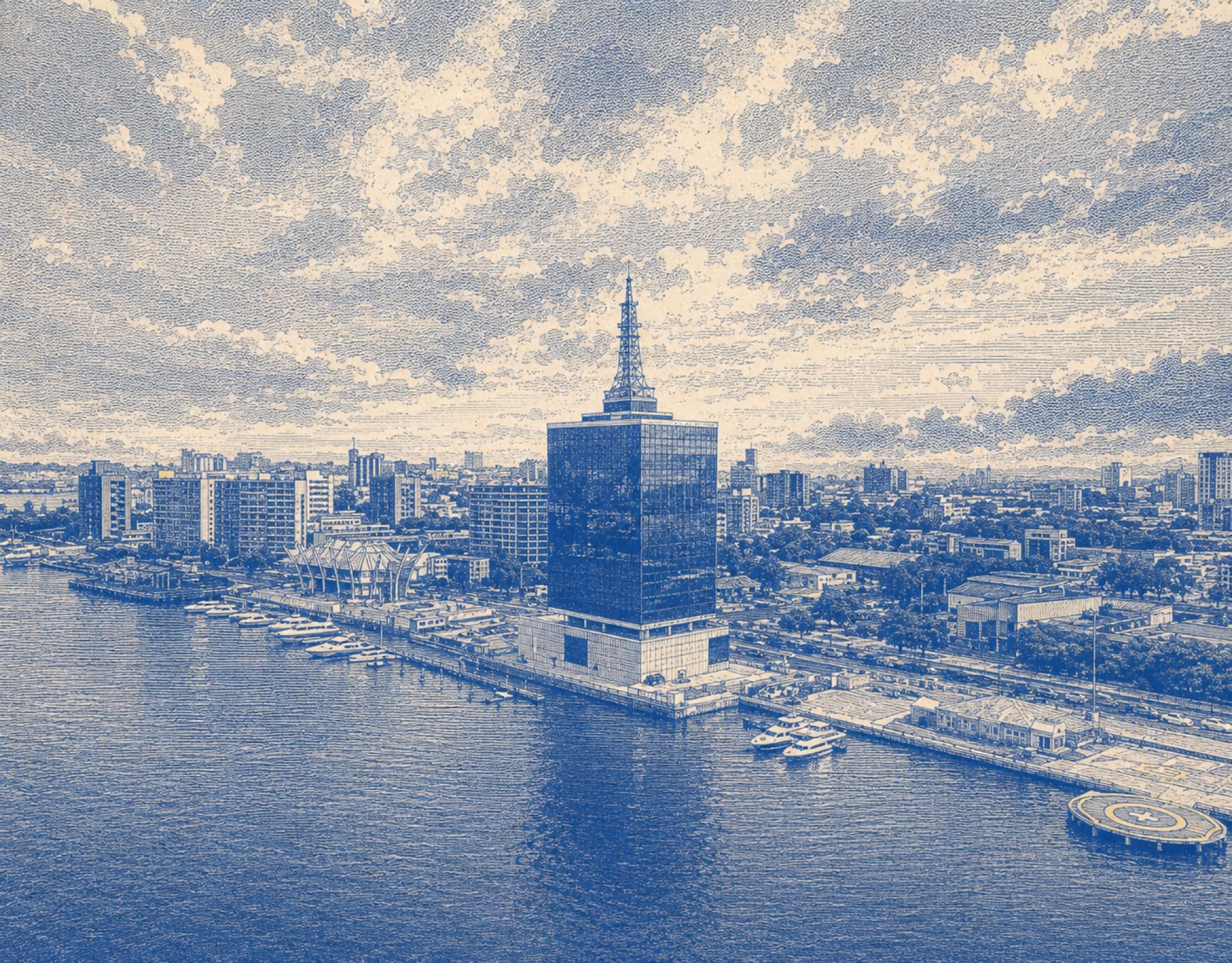 Engraved view of the Marina waterfront tower