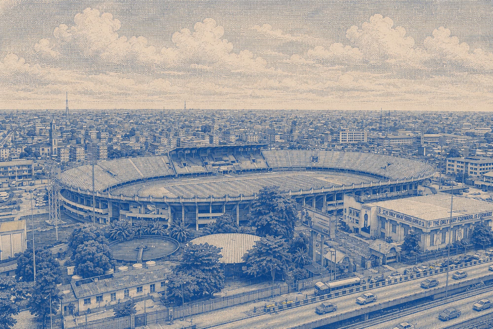 Engraved view of the National Stadium, Surulere