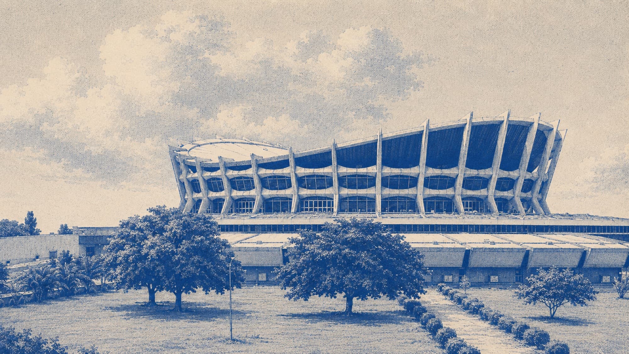 Engraved view of the National Theatre, Iganmu
